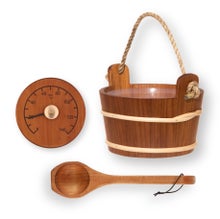 4Living lot de seau, louche et thermom&egrave;tre de sauna, aulne thermotrait&eacute;