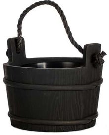 Seau de sauna Pinetta noir traditionnel avec anse en corde de jute.