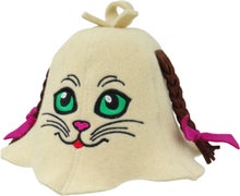 Bonnet de sauna et de bain &agrave; remous beige pour enfant avec un visage de chat et des tresses.