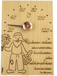 Thermom&egrave;tre de sauna en bois Veico, image de lutin et comptine en finnois.