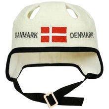 Bonnet de sauna et de bain &agrave; remous blanc en forme de casque de hockey, avec le texte Danmark-Denmark et le drapeau danois.