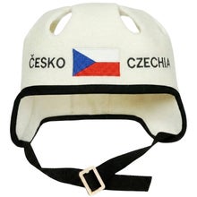 Bonnet de sauna et de bain &agrave; remous blanc en forme de casque de hockey, avec le texte Česko-Czechia et le drapeau tch&egrave;que.