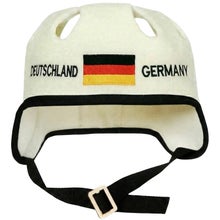 Bonnet de sauna et de bain &agrave; remous blanc en forme de casque de hockey, avec le texte Deutschland-Germany et le drapeau allemand.