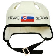 Bonnet de sauna et de bain &agrave; remous blanc en forme de casque de hockey, avec le texte Slovensko-Slovakia et le drapeau slovaque.