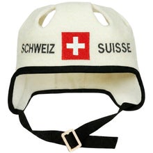 Bonnet de sauna et de bain &agrave; remous blanc en forme de casque de hockey, avec le texte Schweiz-Suisse et le drapeau suisse.