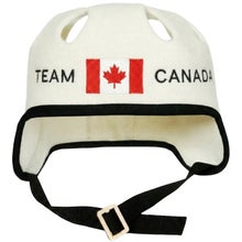 Bonnet de sauna et de bain &agrave; remous blanc en forme de casque de hockey, avec le texte Team Canada et le drapeau canadien.