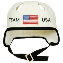 Bonnet de sauna et de bain &agrave; remous blanc en forme de casque de hockey, avec le texte Team USA et le drapeau am&eacute;ricain.