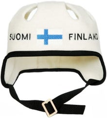 Bonnet de sauna et de bain &agrave; remous blanc style casque de hockey sur glace avec le texte &laquo; Suomi-Finland &raquo; et un drapeau finlandais.