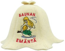 Bonnet de sauna et de bain à remous beige avec le texte « Saunan emäntä » et une image d’une femme dans le sauna.