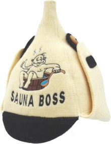 Bonnet de sauna et de bain &agrave; remous beige &agrave; pointe avec cache-oreilles, une image d&rsquo;un homme en train de se baigner et le texte &laquo; Sauna Boss &raquo;.