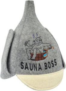 Bonnet de sauna et de bain &agrave; remous gris &agrave; pointe avec cache-oreilles, une image d&rsquo;un homme dans le sauna et le texte &laquo; Sauna Boss &raquo;.