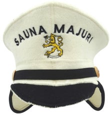 Bonnet de sauna et de bain &agrave; remous blanc avec le texte &laquo; Sauna majuri &raquo;, major du sauna en finnois.