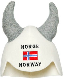 Bonnet de sauna et de bain &agrave; remous blanc avec texte &laquo; Norge-Norway &raquo;, drapeau norv&eacute;gien et cornes grises.