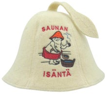 Bonnet de sauna et de bain &agrave; remous beige avec texte finlandais &laquo; Saunan is&auml;nt&auml; &raquo; (h&ocirc;te du sauna) et image d&rsquo;un homme au sauna.