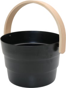 Seau de sauna Saunia Tourbillon en aluminium noir avec poign&eacute;e en h&ecirc;tre.