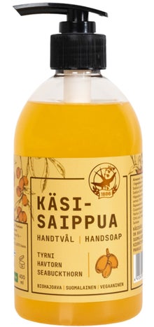 Vaasan Saippua savon pour les mains &agrave; l&rsquo;argousier dans un flacon de 400 ml.