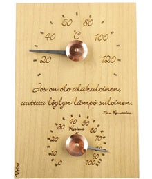 Thermom&egrave;tre et hygrom&egrave;tre de sauna en bois Veico, aphorisme sur le sauna.