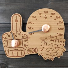 Thermom&egrave;tre et hygrom&egrave;tre de sauna Veico avec motif de seau de sauna et de fouet de sauna, &eacute;chelle Fahrenheit.