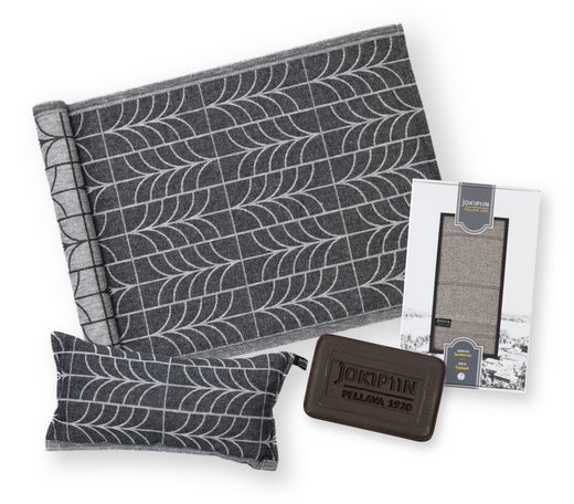 Jokipiin Pellava Bruissement coffret cadeau sauna avec serviette pour banc de sauna, coussin de sauna et savon au goudron, dans une grande bo&icirc;te cadeau, noir / blanc