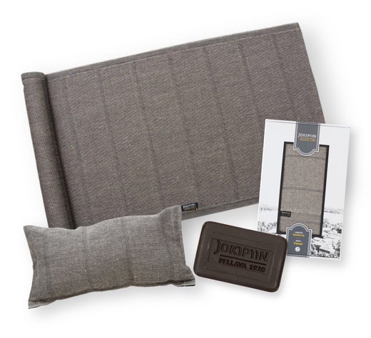 Jokipiin Pellava Laituri coffret cadeau avec serviette pour banc de sauna, coussin de sauna et savon au goudron, dans une grande bo&icirc;te cadeau, naturel / noir