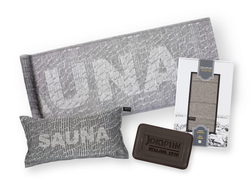 Jokipiin Pellava B&acirc;tonnets de sauna coffret cadeau avec serviette pour banc de sauna, coussin de sauna et savon au goudron, dans une grande bo&icirc;te cadeau, blanc / noir