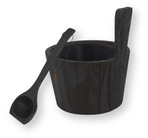 Lot de seau de sauna rainur&eacute; et louche de sauna, en pin teint&eacute; en noir