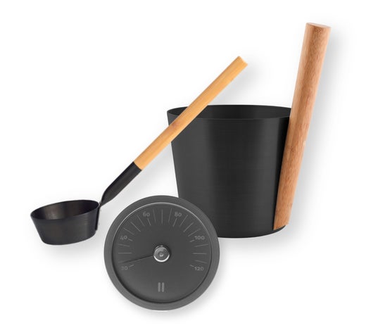 Rento seau, louche et thermom&egrave;tre de sauna, aluminium / noir