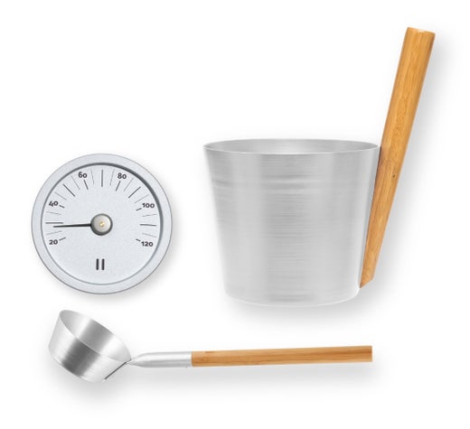 Rento lot de seau, louche et thermom&egrave;tre de sauna, aluminium / naturel