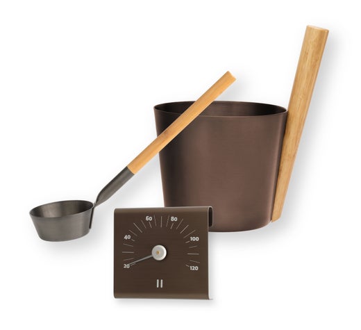 Rento seau, louche et thermom&egrave;tre de sauna, aluminium / goudron