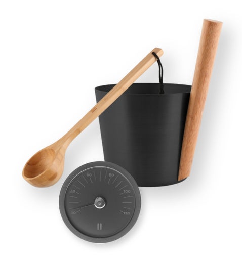 Rento lot de seau, louche et thermom&egrave;tre de sauna, aluminium / bambou / noir